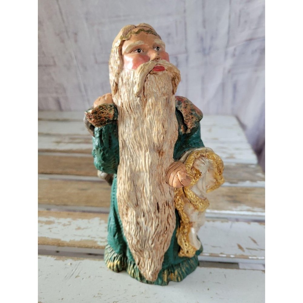 D smith folk‎ art Santa green bag Victorian 1988